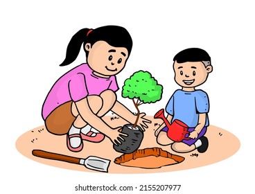 Vector illustration of a girl and a boy planting a tree sapling.