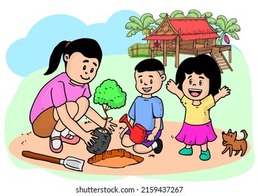 Vector illustration of a girl and a boy planting a tree sapling.