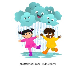 Vector illustration of girl and boy play in the rain. Happy children have fun on rainy day, play together. Friendship, childhood in rainy weather. Funny clouds with happy emotions. 