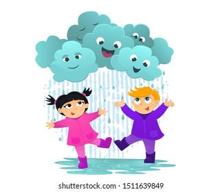 Vector illustration of girl and boy play in the rain. Happy children have fun on rainy day, play together. Friendship, childhood in rainy weather. Funny clouds with happy emotions. 