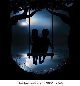 Vector illustration girl and boy playing swings.