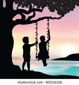 Vector illustration girl and boy playing swings.