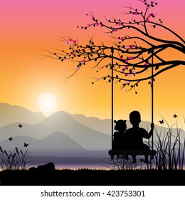 Vector illustration , girl and boy playing swings.