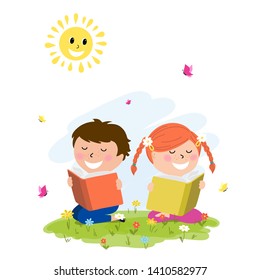 Vector illustration girl and boy reading book on a flowering meadow,cartoon design