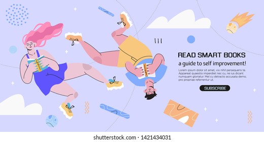 Vector illustration of a girl and a boy reading a book on an abstract geometric background in a trendy style. Banner, flyer or landing page template. World book day or international literacy day.