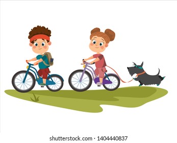 Vector Illustration of Girl and a Boy riding a Bicycle/ Children go outside with dog