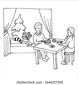 Vector illustration girl and boy sit at the table and eat. raccoon next to the herringbone. children's coloring. contour lines.