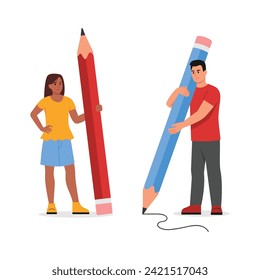 Vector illustration of a girl and a boy standing with giant pencils. Cartoon scene of a girl and a boy drawing with a giant pencil isolated on a white background. The concept of learning, new ideas.