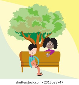 Vector Illustration of Girl and Boy talking under the tree