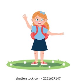 Vector illustration of a girl with a briefcase going to school. A cartoon scene of a smiling schoolgirl waving to her friends isolated on a white background.