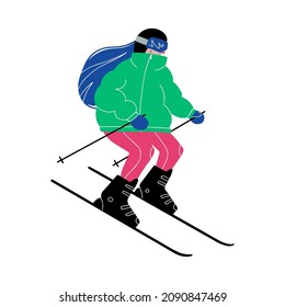 Vector illustration. A girl in a bright stylish suit goes downhill skiing.