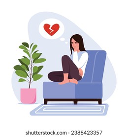 Vector illustration of a girl with a broken heart. Cartoon scene with a sad girl with a broken heart because of unrequited love, sitting in a room, in a chair, a flower pot on a white background.