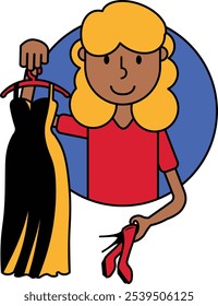 Vector illustration of a girl browsing choosing apparel in a clothing store in outline cartoon style. Bold colors add fun and playful atmosphere to the scene. Glamour, shopping, and haute couture