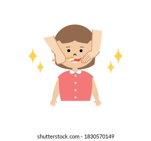 Vector illustration of girl brushed her teeth by someone