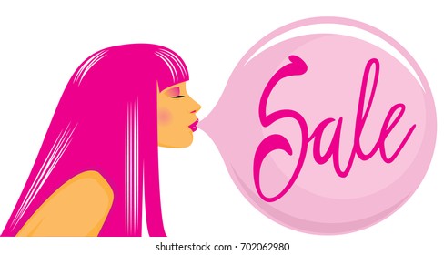 Vector illustration of a girl with a bubble gum with 'sale' text