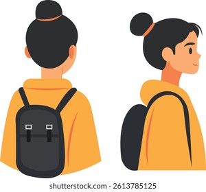 Vector illustration of a girl with a bun hairstyle wearing a backpack, shown from back and side views, symbolizing student life, travel, learning, and daily school routine.