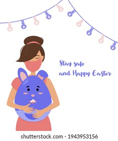 Vector illustration of girl with bunny. Safe and Happy easter. Illustration of bunny and egg. Sticker for Easter.Card
