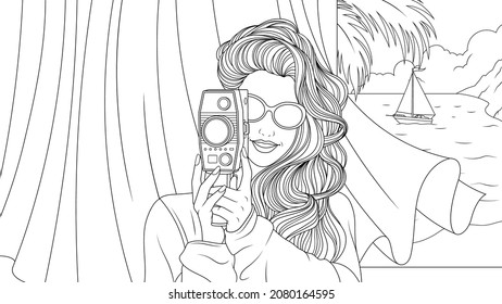 Vector illustration, girl with a camera on vacation, coloring book