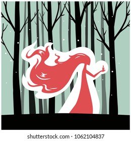 Vector illustration. Girl with a candle in the forest. Mystic.