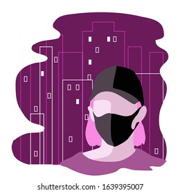 Vector illustration of a girl in a cap with a mask on her face. Coronovirus concept. Woman in a protective mask.