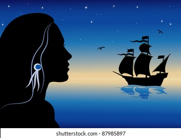 vector illustration with girl and caravel