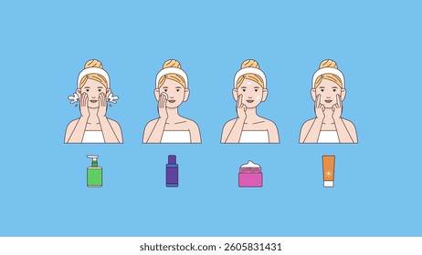Vector illustration girl cares about her face. Different facial treatment procedures. Skincare routine steps: cleanse, toner, moisturizer, sun cream.