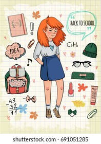 Vector illustration of a girl with carrot hair and school objects around her.