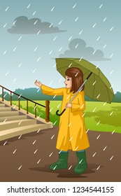 A vector illustration of Girl Carrying Umbrella Under The Rain