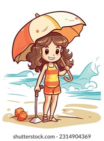 Vector Illustration, Girl cartoon character playing on the beach with Umbrella