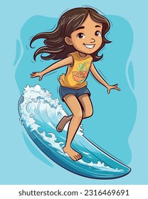 Vector Illustration, Girl cartoon character Surfing on the beach