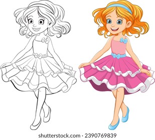 A vector illustration of a girl cartoon character ready to party in her princess dress