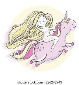 Vector illustration. Girl and cartoon magic unicorn.
