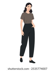Vector illustration of a girl in casual clothes gray t-shirt and black pants. Simplicity and comfort.