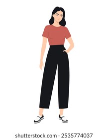 Vector illustration of a girl in casual clothes pink t-shirt and black pants. Simplicity and comfort.