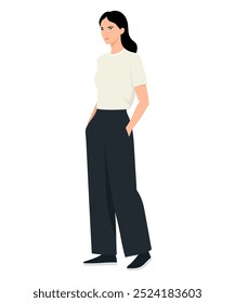 Vector illustration of a girl in a casual look with a white short-sleeved top and black pants.