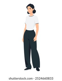 Vector illustration of a girl in a casual look with a white short-sleeved top and black pants.
