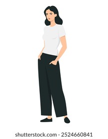 Vector illustration of a girl in a casual look with a white short-sleeved top and black pants.