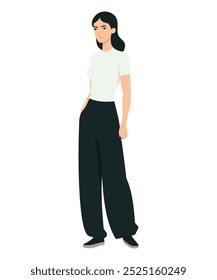 Vector illustration of a girl in a casual look with a white short-sleeved top and black pants.