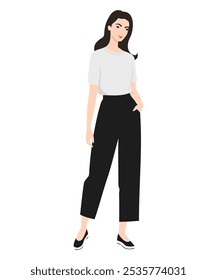 Ilustração vetorial de uma menina em um olhar casual com um top branco de manga curta e calças pretas. Simples casual