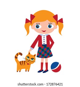 Vector illustration girl with cat