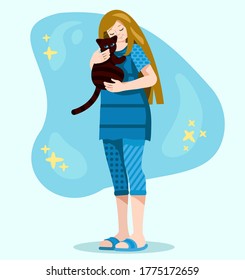 Vector illustration girl with cat