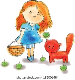 Vector illustration. Girl, cat and apple.