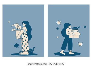 Ilustración vectorial. Chica con un gato, cajas, en movimiento. Conjunto de carteles, postales y portadas. Comodidad.