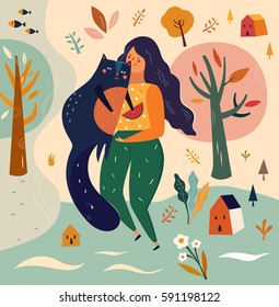 Vector illustration with girl and cat in cartoon style.