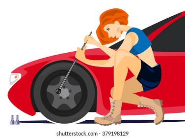 Vector Illustration Of A Girl Changing Wheel