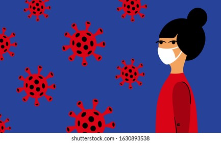 Vector illustration of a girl character in medical face mask and virus red sign - Young woman protecting her nose and mouth - 2019-nCoV novel coronavirus of Wuhan - Concept of coronavirus quarantine