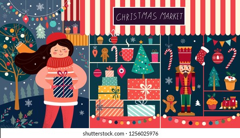 Vector illustration with girl and Christmas gifts. Christmas Market 