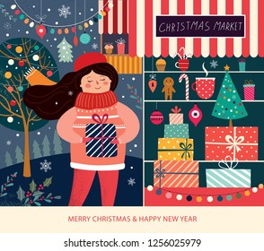 Vector illustration with girl and Christmas gifts. Christmas Market 