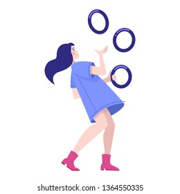 Vector illustration of a girl in circus. Circus artist toss rings. Juggles in a blue dress.