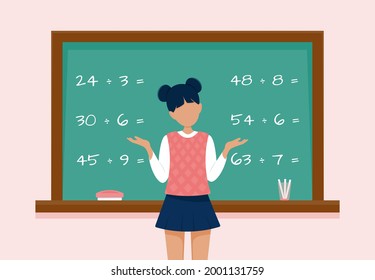 Vector illustration of girl in the classroom. Confused girl near the desc. Back to school. Math. Cute girl in uniform near the desc. Education. 